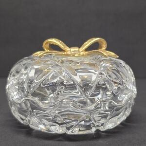 Vintage Bleikristall Royal Crystal Rock Clear Trinket Box Gold Bow Accent Italy